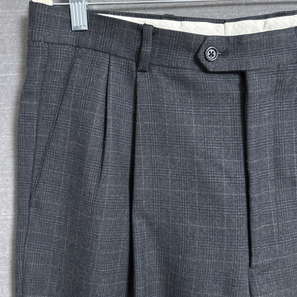 Vintage Joseph Feiss Pants 34x27.5 Gray Glen Check Plaid‎ Wool Pleated Trouser